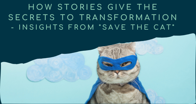 dark green background with text that says "how stories give the secrets to transformation" Insights from "Save The Cat!". Below is a cat dressed in a mask and cape