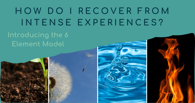 Blog title "How do I recover from intense experiences?" Introducing the 6 element model text on turquoise green background with pictures of earth, air, water and fire