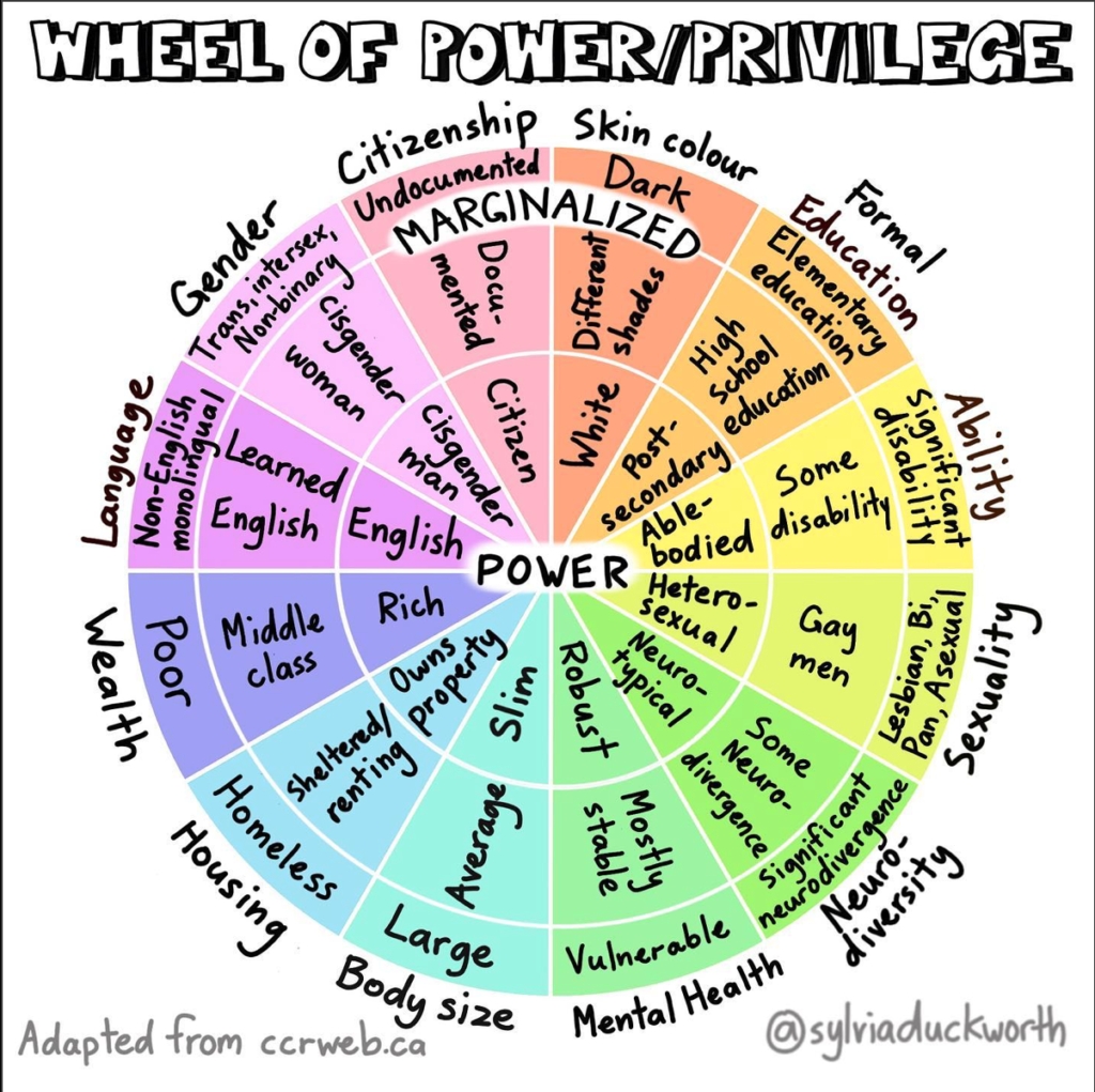 Illustration of Wheel of Power/Privilege showing 12 factors where distribution of power differs, such as race, sexuality, neurodiversity and wealth.