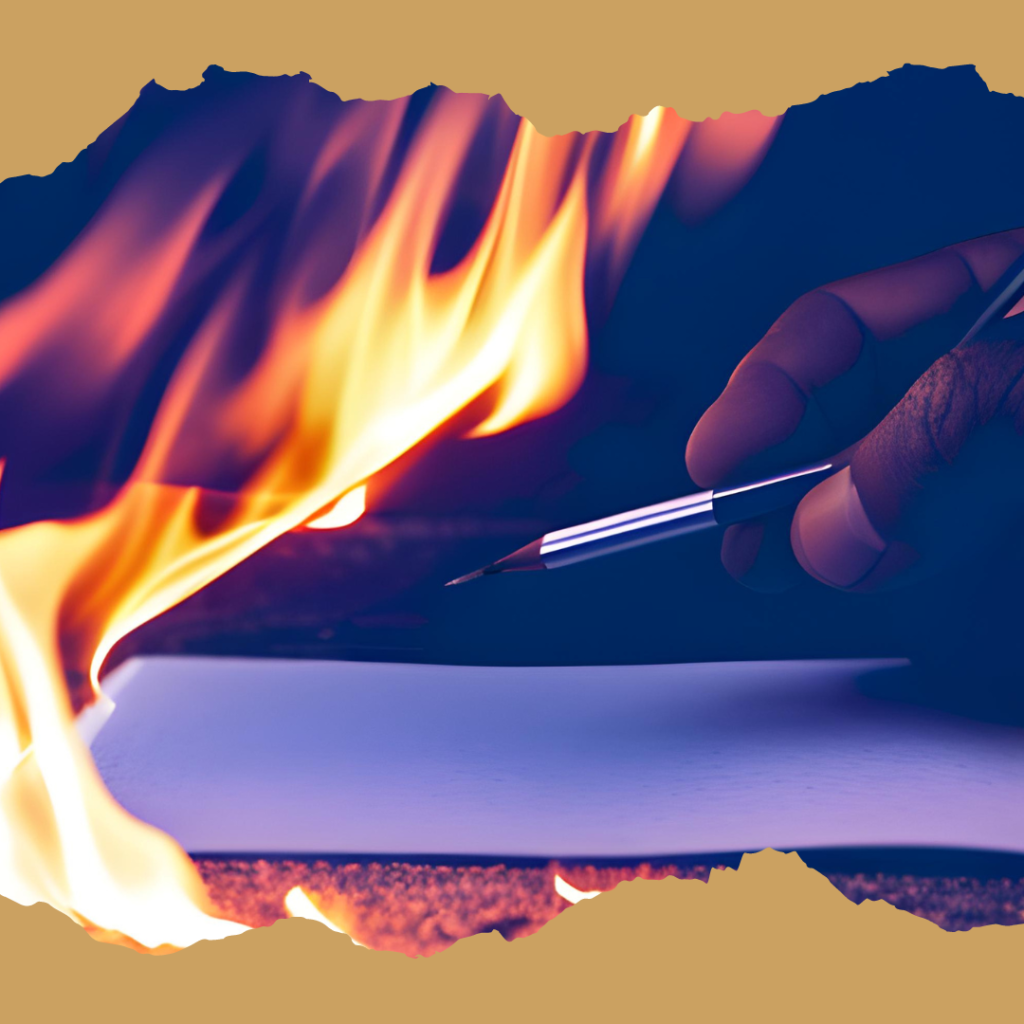 AI generated image of a dark skinned hand holding a pen over paper while fire burns at the top of the page